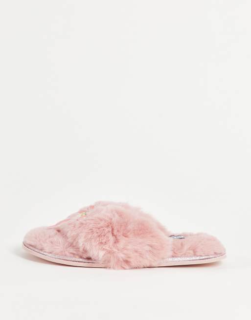 River Island branded faux fur toe thong slipper in pink ASOS