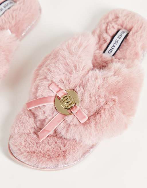 River Island branded faux fur toe thong slippers in pink ASOS