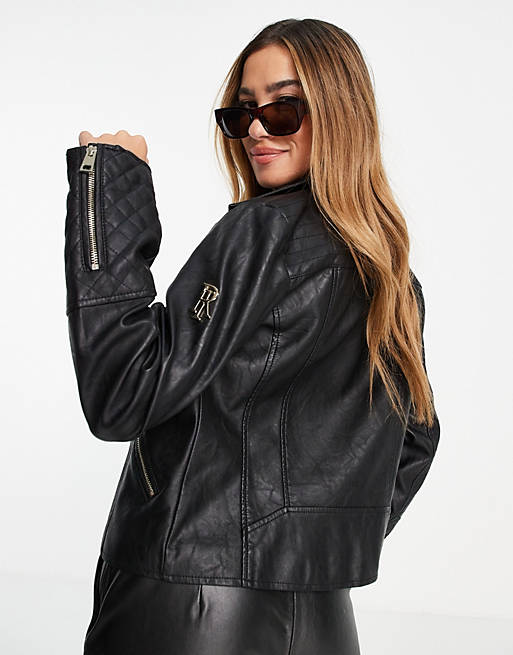  River Island branded faux leather biker jacket in black 