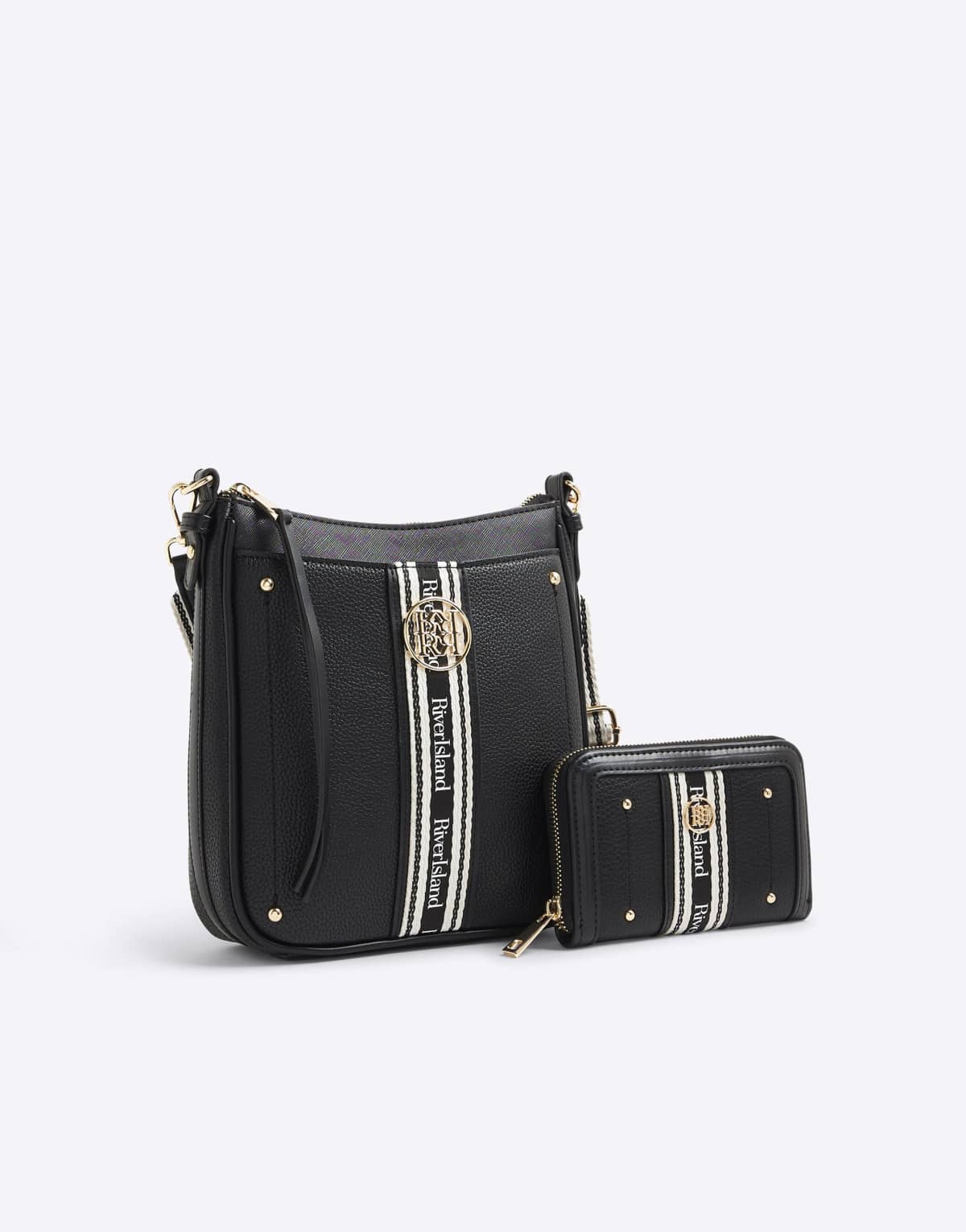 River Island Branded messenger bag and purse bundle in black