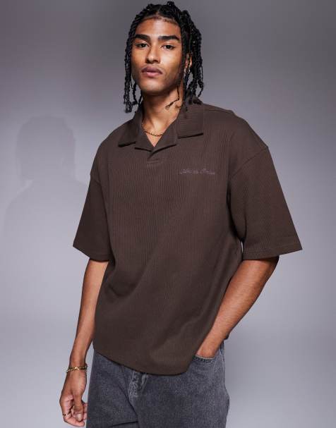 River Island boxy fit revere collar polo in brown