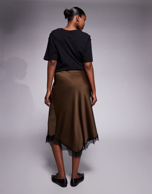 River Island – Brązowa satynowa spódnica maxi z koronką, 4 z 5