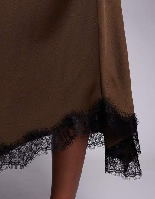 River Island – Brązowa satynowa spódnica maxi z koronką, 5 z 5
