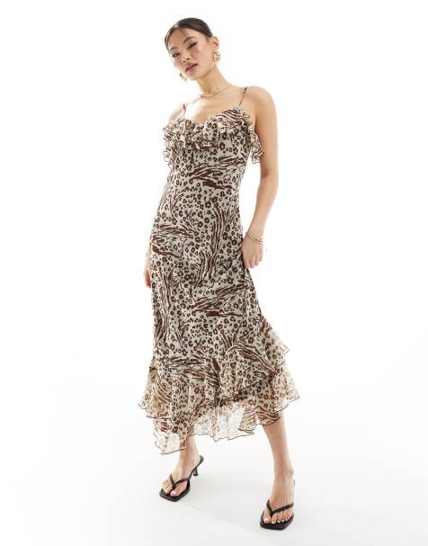 River Island – Brązowa sukienka midi z asymetryczną falbanką w zwierzęcy wzór - view 1