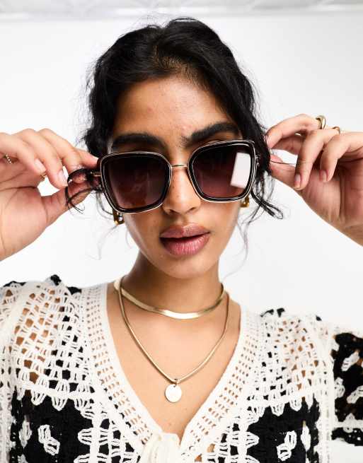 River Island – Brązowe okulary oversize z metalowymi oprawkami