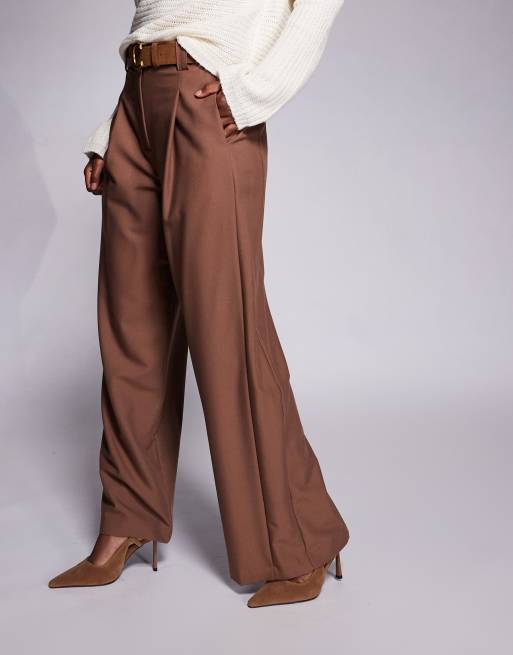 River Island – Brązowe spodnie z szerokimi nogawkami i paskiem, 4 z 5