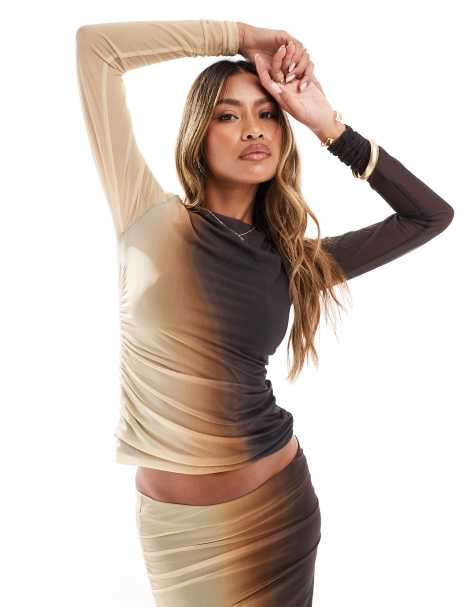 River Island – Brązowy marszczony top z siateczki z efektem ombre, część zestawu - view 1