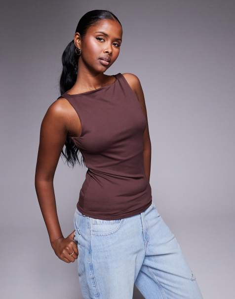 River Island asymmetric neck detail top in brown