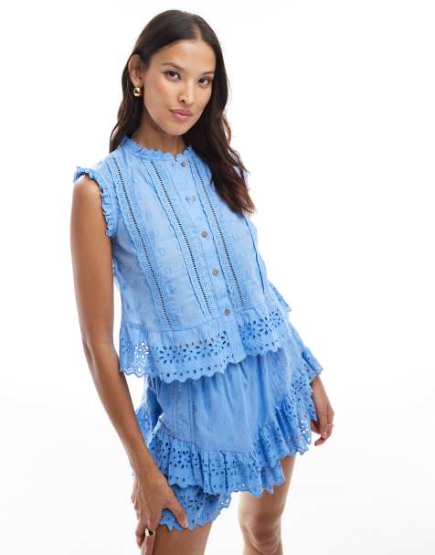 River Island broderie blouse co-ord in blue - view 1