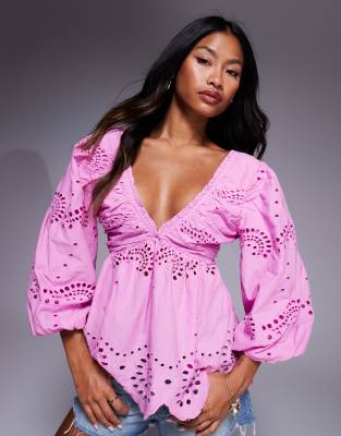 River Island Broderie Blouse In Pink