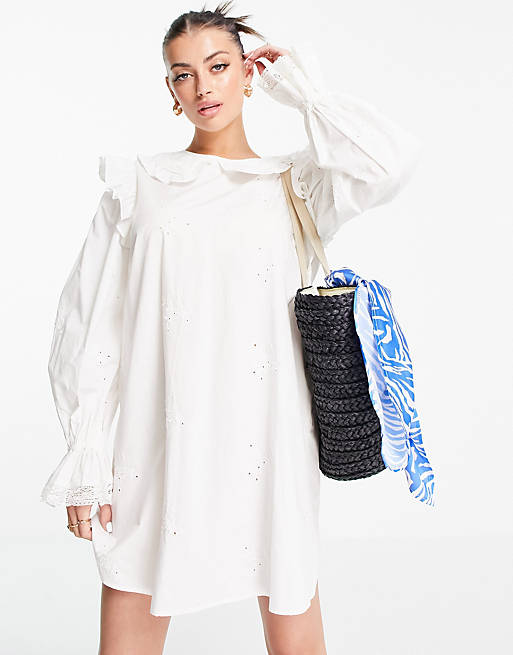 River Island broderie collared mini smock dress in white