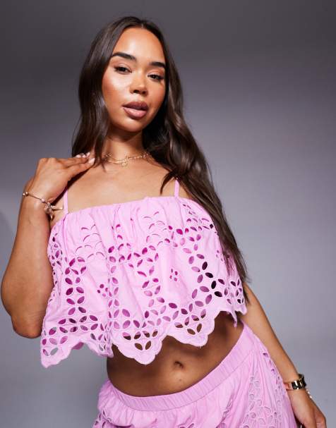 River Island broderie cropped cami top co-ord in pink - view 1