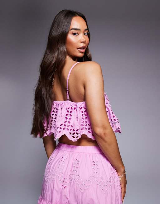 River Island broderie cropped cami top in pink (part of a set), 2 of 4
