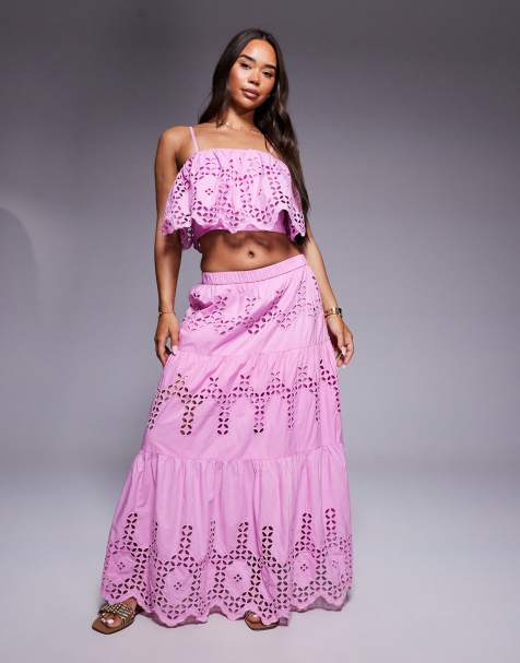 River Island broderie cutwork maxi skirt co-ord in pink - view 1