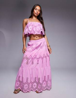 broderie cutwork maxi skirt in pink - part of a set