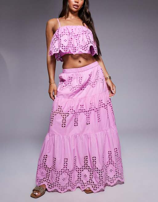 River Island broderie cutwork maxi skirt in pink (part of a set), 4 of 5