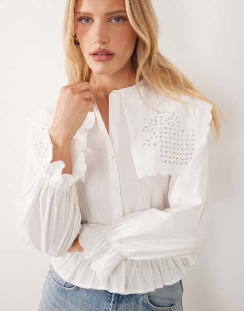 River Island broderie detail cropped shirt in white - view 1