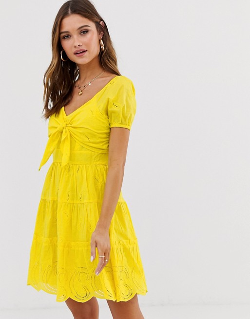 River Island broderie dress with tie front in yellow