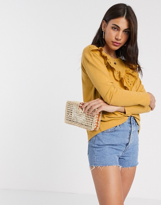 River Island broderie frill front long sleeved t-shirt in yellow