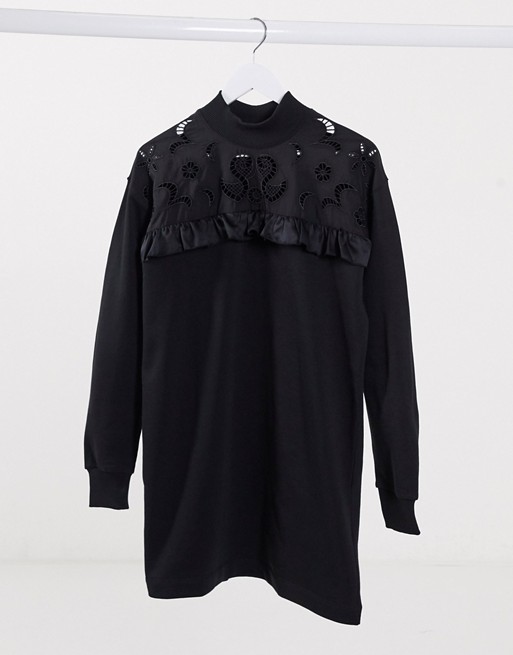 River Island broderie front detail sweat dress in black