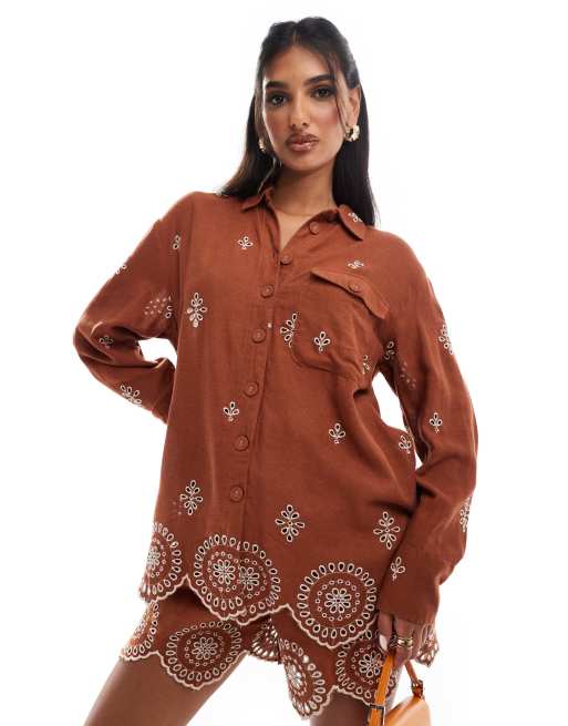 River Island broderie linen shirt in rust (part of a set)