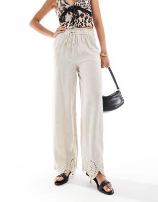 River Island broderie linen trouser in light stone-Neutral