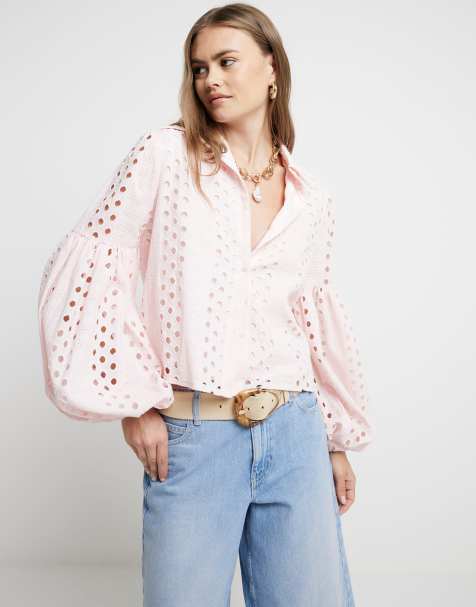 River Island Broderie puff sleeve shirt in pink - light - view 1