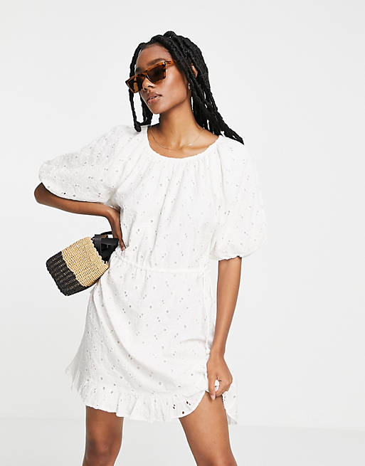River Island broderie puff sleeve tiered mini dress in white