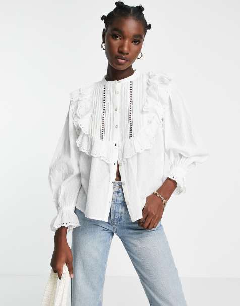 River Island broderie ruffle detail blouse in white - view 1