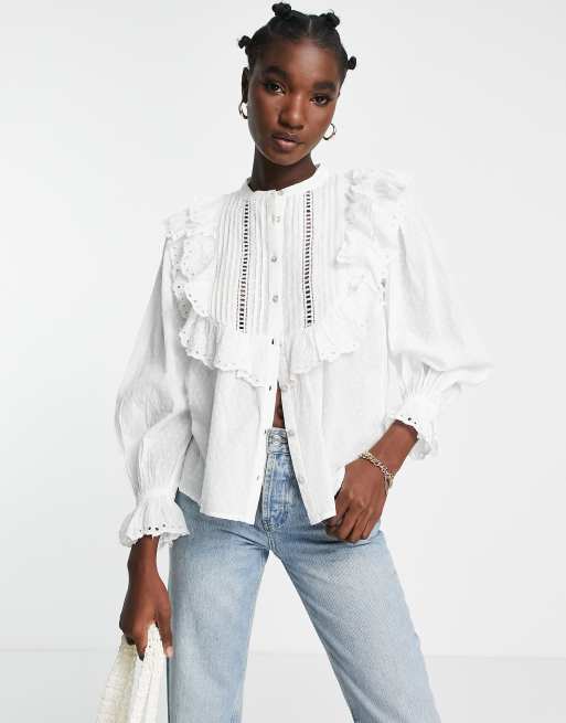 River Island broderie ruffle detail blouse in white | ASOS