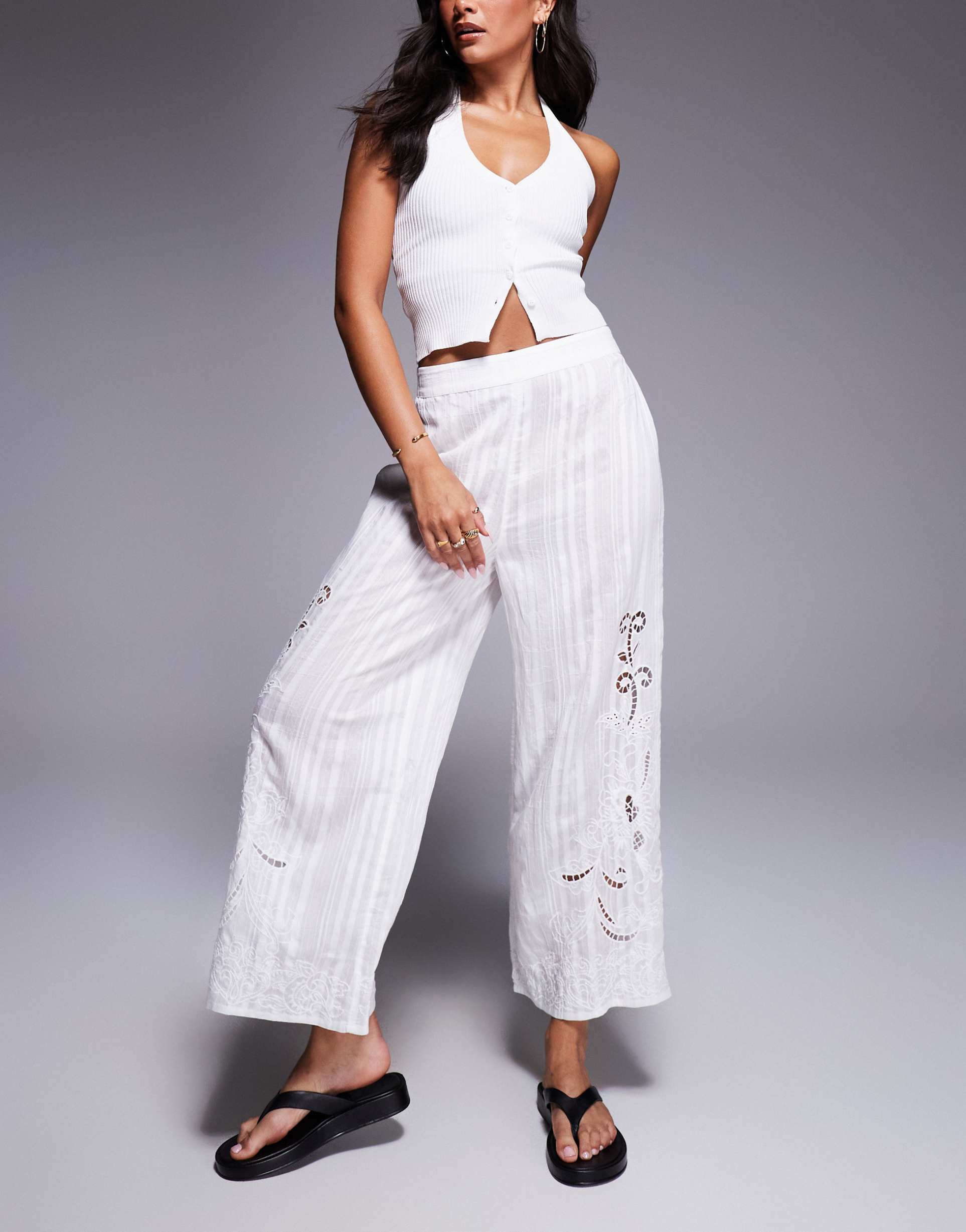 river island broderie wide leg pants in white