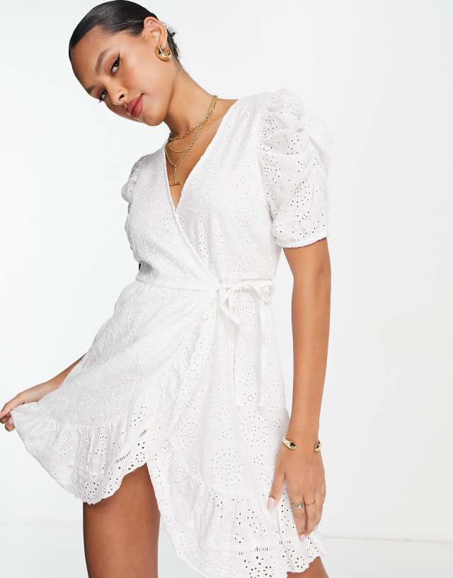 River Island broderie wrap tea mini dress in white