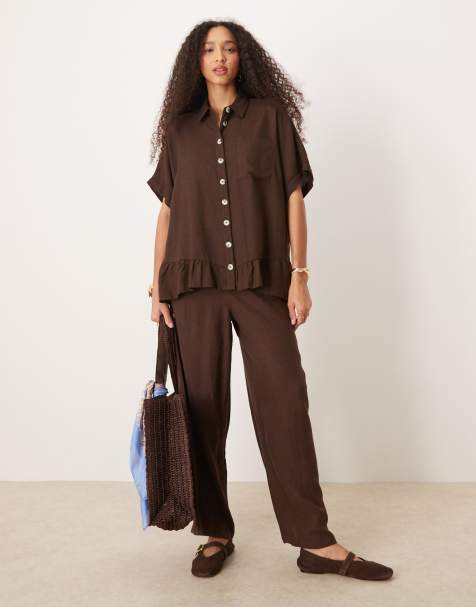 River Island - Broek met linnenlook in donkerbruin - view 1