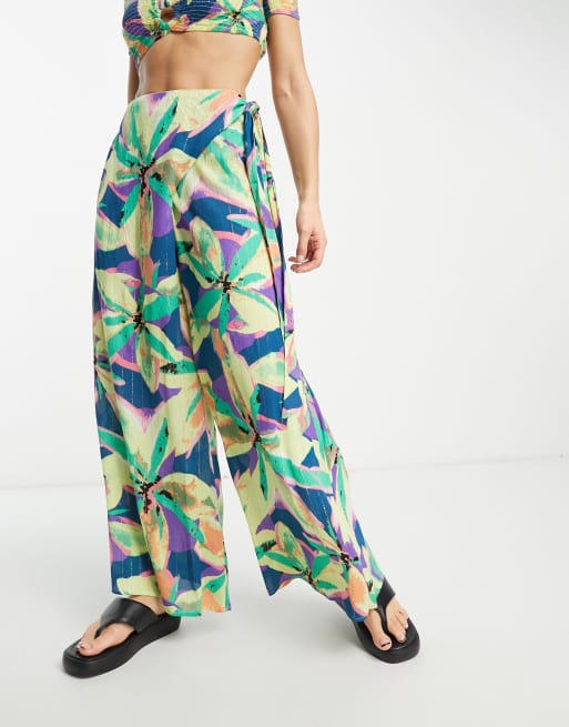 River Island - Broek met wijde pijpen en bloemenprint in blauw, deel van co-ord set