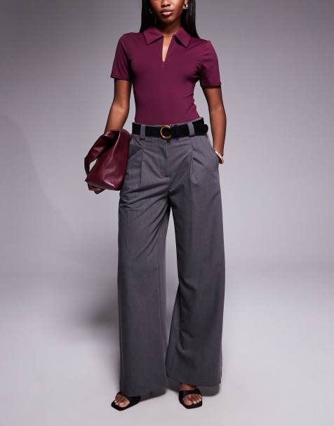 River Island - Broek met wijde pijpen en riem in grijs - view 1