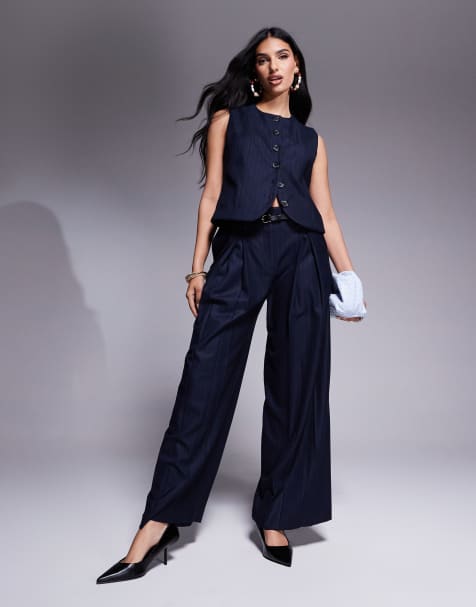 River Island - Broek met wijde pijpen in marineblauwe krijtstreep - view 1