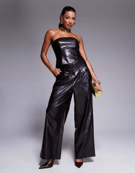 River Island - Broek met wijde pijpen van imitatieleer in donkerbruin, deel van co-ord set - view 1