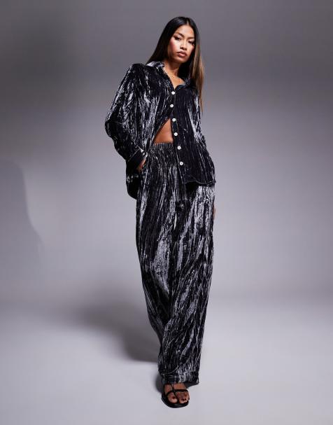 River Island - Broek van fluweel met wijde pijpen in grijs, deel van co-ord set - view 1