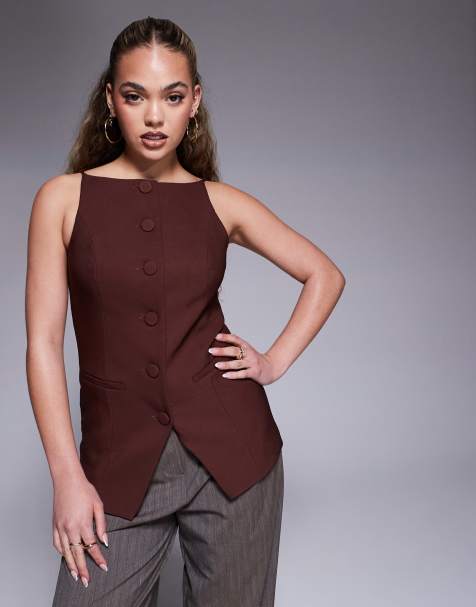 River Island - Brun habitvest med stropper og firkantet hals - view 1