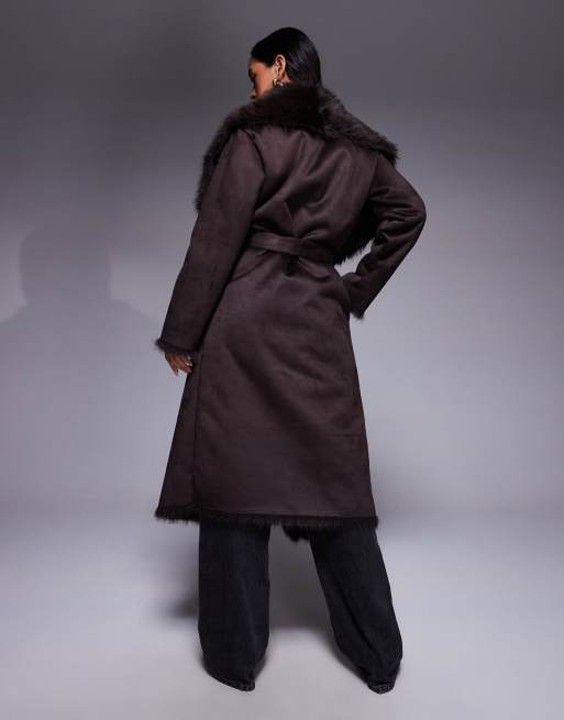 River Island – Brun, lång kappa i fuskpäls, 3 av 4