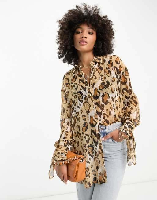 River Island – Brun, leopardmönstrad blus i chiffong