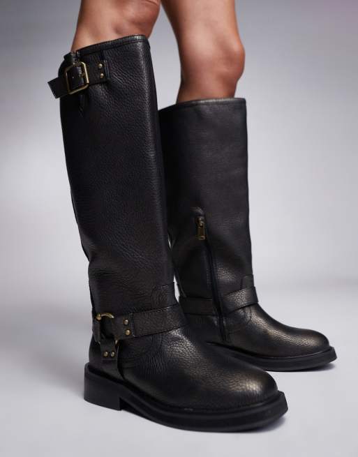 River Island – Bruna, knähöga bikerboots med slitna detaljer