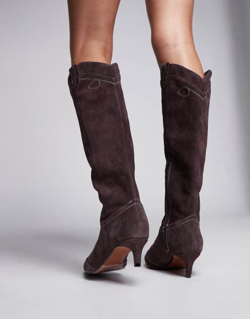 River Island - Brune knæhøje cowboystøvler med hæl i ruskind, 3 af 4
