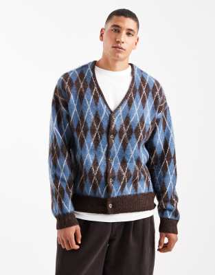 River Island Brushed Argyle Cardigan In Blue