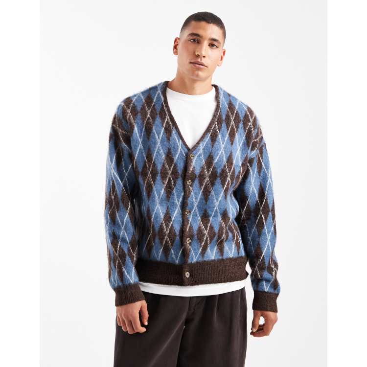 River Island brushed argyle cardigan in blue | ASOS