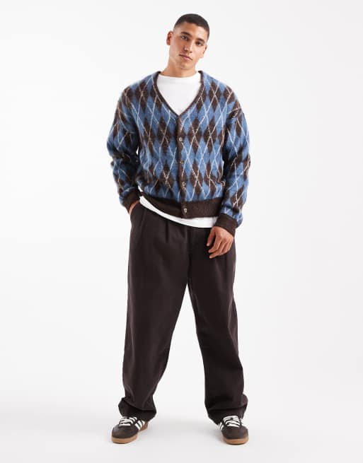 River Island brushed argyle cardigan in blue | ASOS