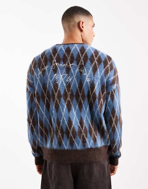 River Island brushed argyle cardigan in blue , 3 of 5