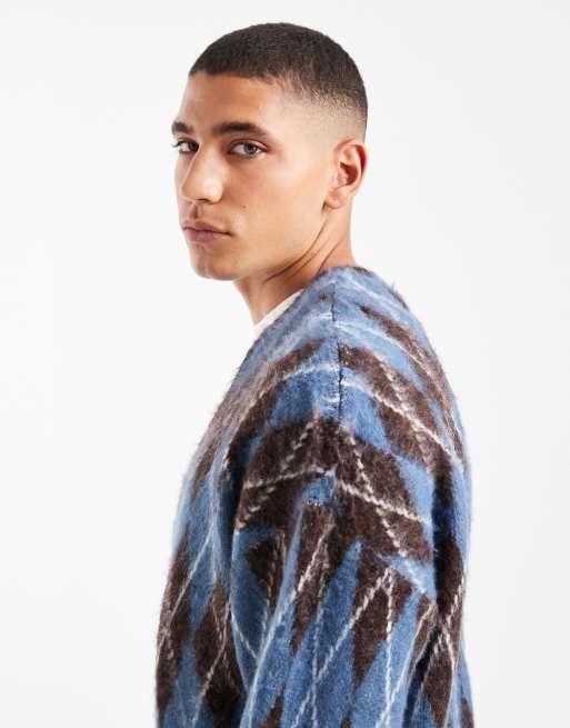 River Island brushed argyle cardigan in blue , 4 of 5