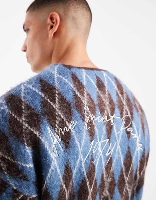 River Island brushed argyle cardigan in blue | ASOS