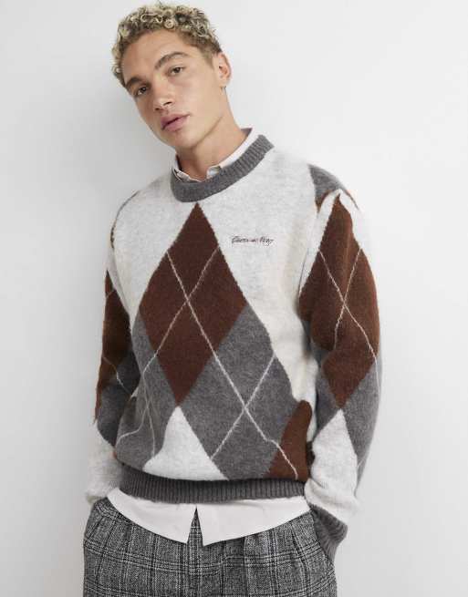 River Island Brushed argyle jumper in rust, 2 of 4